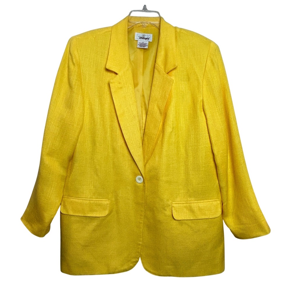Vintage Blazer Women 16 Yellow Rayon Textured Made USA Minimalist Classic Bold